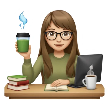 a designer with light skin long brown hair bangs waving, stack of books, coffee cup on top, water bottle, computer, matcha  sticker