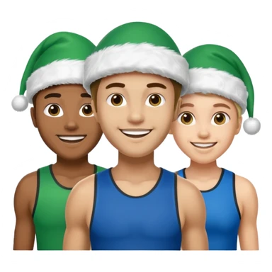 crie a imagem de 3 atletas de modalidades diferentes, usando um chapeu de papai noel das cores verde e azul. sticker