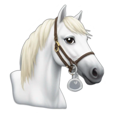 White stallion mustang wearing a key around the neck only necklace no mouth strap showing neck no lock sticker