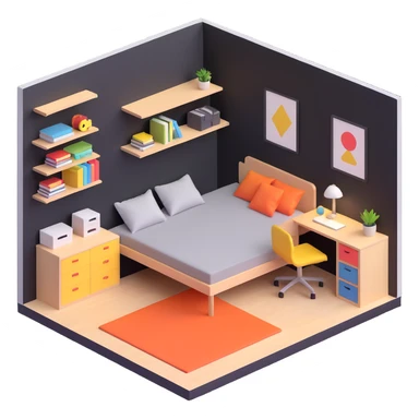 3D layout of teen bedroom with bed against wall, corner desk, and storage units sticker