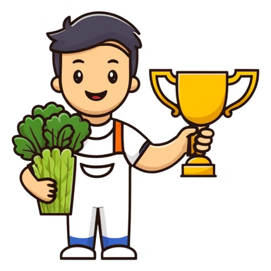 Happy gardener with trophy and prize vegetables sticker