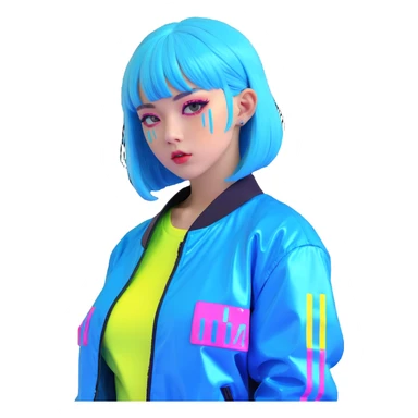 Cyberpunk Japanese girl with neon blue wig, holographic jacket, digital glitches effect, dark background with purple neon glow sticker