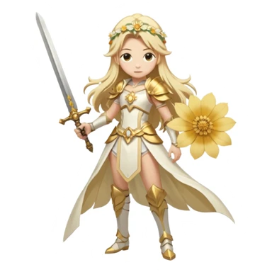 Lumine (from Genshin Impact) White and golden clothes, blonde, long-haired, with a big flower on side of head and with a sword (full body) sticker