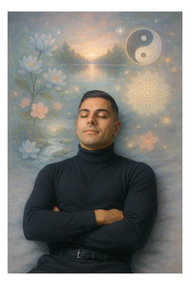 Un uomo sdraiato su un letto o una superficie fluttuante, con un'espressione serena e gli occhi chiusi. Attorno a lui, proiettate dalla sua mente, si materializzano immagini vivide di benessere e armonia: sticker