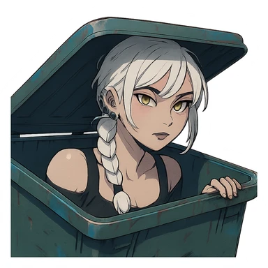 she is poking out from a garbage dumpster, a closeup portrait of young woman with gold yellow eyes, white hair, long braid, black off-shoulder top d-cup, punk gothic style, futuristic cyberwave cyberpunk, sticker