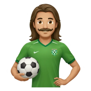 long hair man soccer player green jersey with mustache holding soccer ball sticker