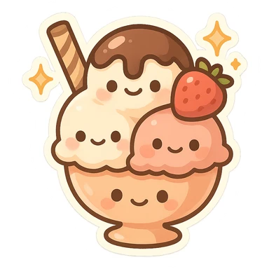 chibi sticker-style ice cream sundae with sparkles, cute and exaggerated sticker