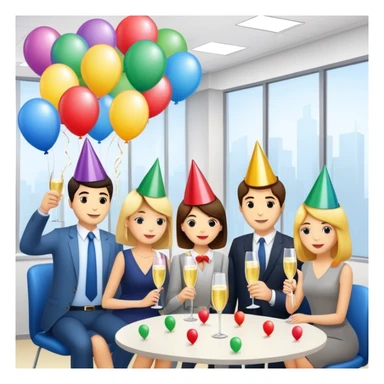 office party with coworkers celebrating, holding drinks and snacks, decorations and balloons in the background sticker