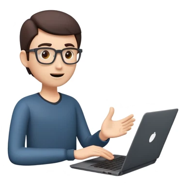 A dark-colored laptop with the screen open. From the screen, a person is emerging, giving a lecture or teaching. The person should look expressive and in a teaching pose. Soft shadows, semi-3D emoji style, clean background. Online course sticker
