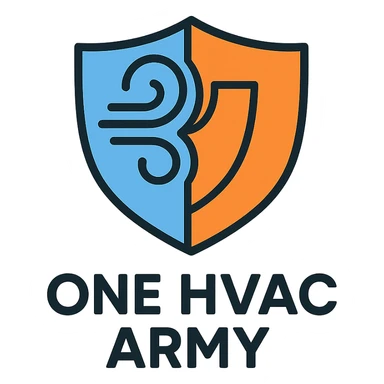 abstract HVAC swirl forming a shield logo for One HVAC Army, clean lines, blue and orange colors sticker
