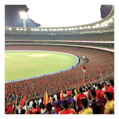"Create a vibrant and dynamic scene of an IPL cricket match between Royal Challengers Bangalore (RCB) and Kolkata Knight Riders (KKR). The stadium is packed with a massive crowd, cheering, waving flags, and enjoying the thrilling game. The players are in action, with one team batting and the other fielding. Bright stadium lights illuminate the field, and the atmosphere is electric with excitement. Fans are wearing team jerseys, holding banners, and celebrating every boundary and wicket. Capture the energy, enthusiasm, and passion of cricket lovers in this high-stakes match."

 sticker