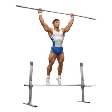 A professional male athlete performing on the parallel bars, showcasing strength and grace. His body is in mid-motion as he holds a perfect inverted position, demonstrating control and balance. The background features a bright gymnasium with high ceilings and a crowd cheering in the distance. sticker