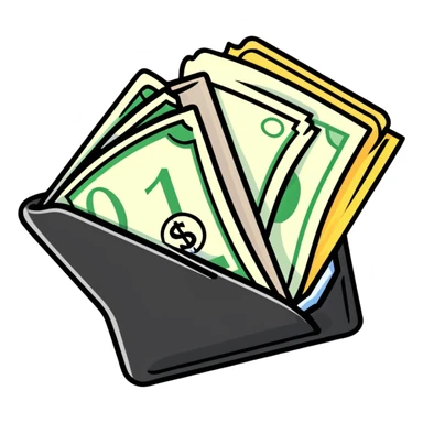 black leather wallet open with dollar bills inside and a small analog clock in top right corner floating above the wallet sticker