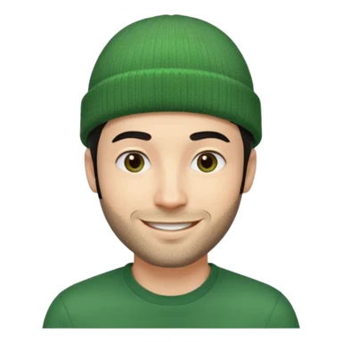 30-year-old French man with short black hair, green beanie, stubble, smiling sticker