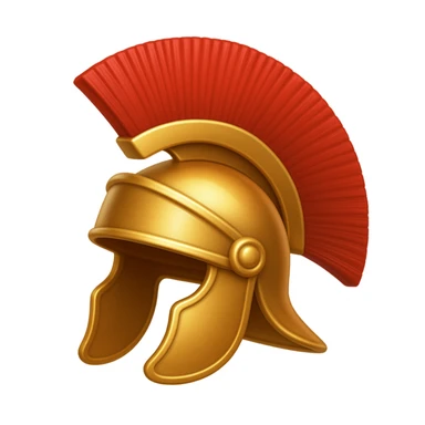 Make a helmet emoji exactly like the helmet in the reference image, in iOS emoji style. Roman helmet, gold with red crest, shiny and smooth. sticker