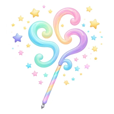 Cinematic cute magical wand, pastel swirls of color, tiny twinkling stars floating around, glowing softly, chubby rounded edges, whimsical and dreamy. sticker