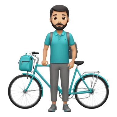a man with a grey backpack and a torquoise byciycl and he has black shot=rt man hair and a beard with a polo grey shirt and dress pants sticker