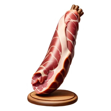 ​Cinematic Realistic Spanish Jamón Leg, depicted as a massive, cured leg of Jamón serrano (ham) with a deep reddish-brown hue, intricately marbled and slightly glossy with age, elegantly displayed on a rustic wooden stand and bathed in warm, soft lighting that accentuates its artisanal heritage, sticker