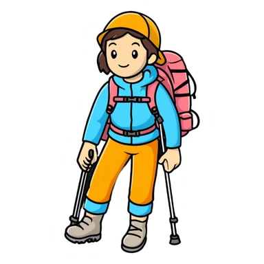 female mountain climber with backpack and hiking poles sticker