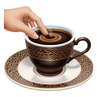 An empty Turkish coffee cup sitting on a saucer, with dark coffee grounds forming intricate and mysterious patterns inside the cup. The cup has been turned over, leaving a distinct ring of coffee residue on the saucer. A fortune teller’s hand is gently lifting the cup, revealing hidden symbols and shapes in the leftover grounds, creating a mystical and intriguing atmosphere sticker