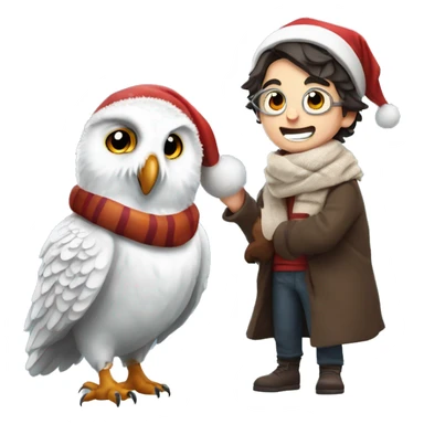 Harry Potter wearing a Santa hat and cozy scarf, holding a snowy owl perched on his arm, looking excited for a magical Christmas sticker
