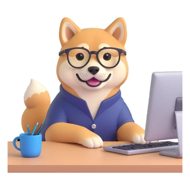 shiba inu with eye glasses and computer sticker