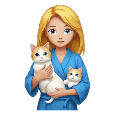 lightly tanned skin, blue eyes, cute and sexy girl with bright yellow-brown hair in a dark sky pallete robe, golden rings, slight cute makeup, full body, slightly turned aside pose, holding a cat in hands sticker