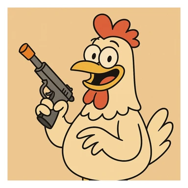 cartoon chicken holding a prop gun with an orange tip, silly and lighthearted, vibrant colors sticker