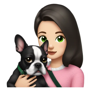 Brunette with dark green eyes in black sweater cuddling with her black and white french bulldog and pink harness sticker