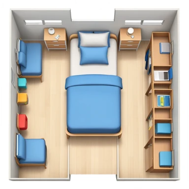 top-down view of teenage bedroom layout with bed, desk, closet, and storage sticker