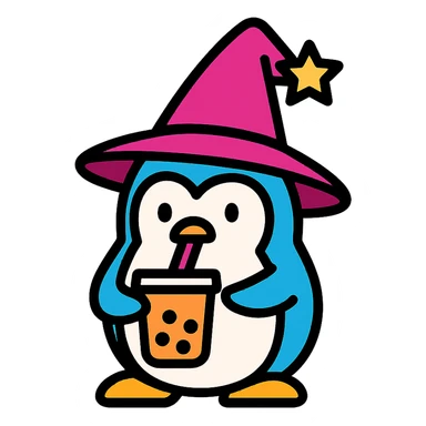 wizard penguin sipping a boba drink, icon style, clean lines, simple color palette sticker