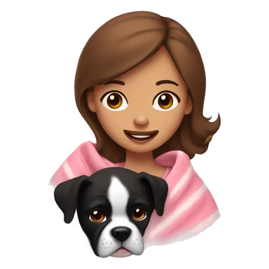 a woman with brown eyes and brown hair is cradling her puppy in a pink baby blanket. the puppy is looking at her lovingly and is a chubby black and white boxer dog. the woman is smiling with mouth ajar sticker