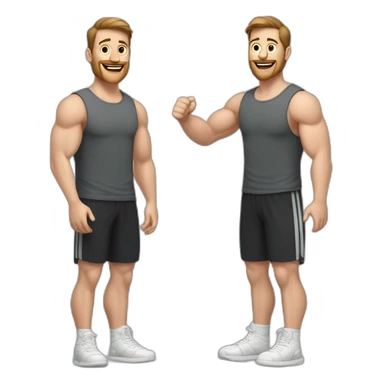 Full height Actively gesturing with hands Pale skinned Fit Man With the biceps and brown hair in dark gray Sleeveless Mike, black oversize sports shorts and white Sneakers sticker