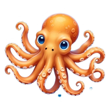 Cinematic Cute smiling Octopus Portrait Emoji, Head tilted playfully and inquisitively, featuring a rounded, light orange body embellished with playful blue rings, eight adorably curling arms, and big, twinkling eyes full of wonder, Simplified yet irresistibly adorable features, highly detailed, glowing with a warm, inviting underwater glow, high shine, affectionate and lively, stylized with a touch of whimsical cartoon charm, soft glowing outline, capturing the essence of a mischievous yet loving octopus that seems as if it could bob out of the screen into your arms! sticker