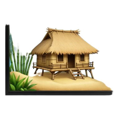 bamboo hut with volcano in the back in Volcano Island  sticker