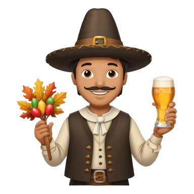 Mexican man dressesd as a Thanksgiving Pilgrim  holding a Turkey drumstick and a Corona beer sticker