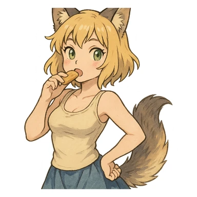 anime style furry girl with wolf ears and tail, short blonde hair, green eyes, hourglass body, eating a snack, cute pose, ghibli style sticker
