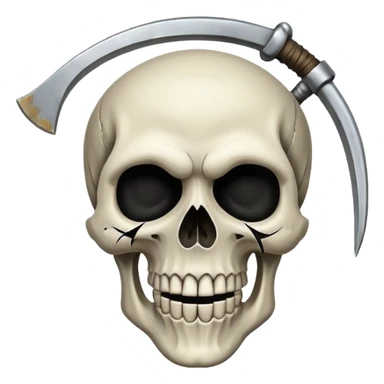 A laughing skull with a scythe crossed behind it, one eye socket winking. Clean, stylized lines, flat vector. Medieval woodcut style. Black and white with one accent color (tarnished silver). No background. sticker