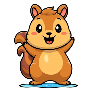 Cartoon squirrel with light brown fur, pointy ears, bushy tail, chubby cheeks with a large puddle of drool dripping from wide open mouth, extremely hungry sticker
