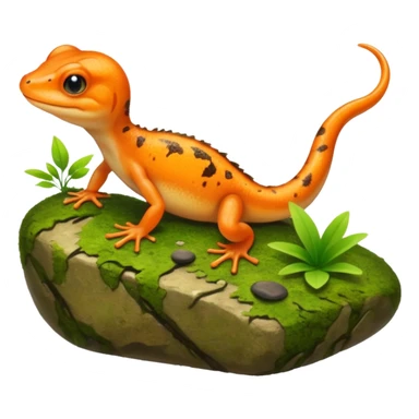 A small orange-brown newt on a mossy rock near a pond. Realistic lighting, visible tail, green plants and soft sunlight, detailed wildlife photo. sticker