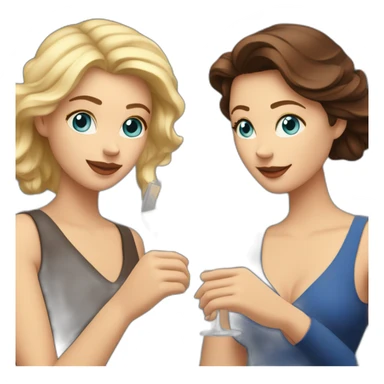 White woman with brown hair and brown eyes toasting with a red wine together with white woman with blond hair and blue eyes with red wine sticker