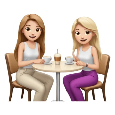 "Cartoon emoji of a girl with long, straight light brown hair, fair skin, brown eyes. Wearing a stylish white top and chic pants. Sitting at a café table, laughing and smiling, full of joy. Next to her, two friends: one blonde, one with black hair, one with brown hair. Smooth, simple, stylized sticker