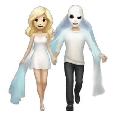 a blondie girl and a bald guy dressed as a ghost going to a party sticker