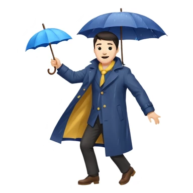 A dark-haired boy with a white beard dancing with an umbrella in the rain sticker