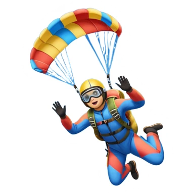 Colorful emoji. A skydiver free-falling through the sky, with a brightly colored parachute open above them. The background features a vast blue sky dotted with fluffy clouds, birds soaring nearby, and a plane flying off in the distance, emphasizing the thrill and freedom of the sport. sticker