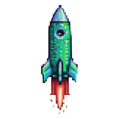 sleek pixel art rocket with green to red gradient, shooting diagonally to the upper right corner sticker