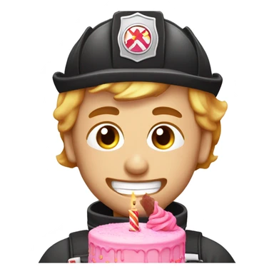Caucasion male Firefighter eating pink birthday cake sticker