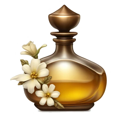 An antique perfume bottle with oil made of bronze and brown crystals, from which white cream and coffee milk flow, yellow flowers of fragrant vanilla lie next to it sticker