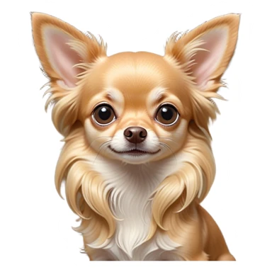 Cinematic Cute Long Haired Fawn Chihuahua Portrait Emoji, Head tilted playfully and inquisitively, silky long fawn hair with gentle highlights, round, sparkling dark eyes filled with curiosity, Simplified yet irresistibly adorable features, highly detailed, glowing with a warm, friendly glow, high shine, affectionate and lively, stylized with a touch of whimsy, bright and endearing, soft glowing outline, capturing the essence of a mischievous yet loving companion, so playful it feels like it could prance out of the screen and into your arms! sticker