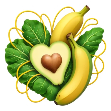 Banana, avocado, potato and leafy greens emitting electrical sparks that flow toward a heart and nervous system. The electrical currents connect the potassium-rich foods to muscles and nerves, highlighting potassium's role as the body's electrical rhythm keeper. sticker